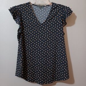 Adrianna Papell V-Neck Flutter Sleeve Navy and Tan Heart Polka Dot Blouse Small